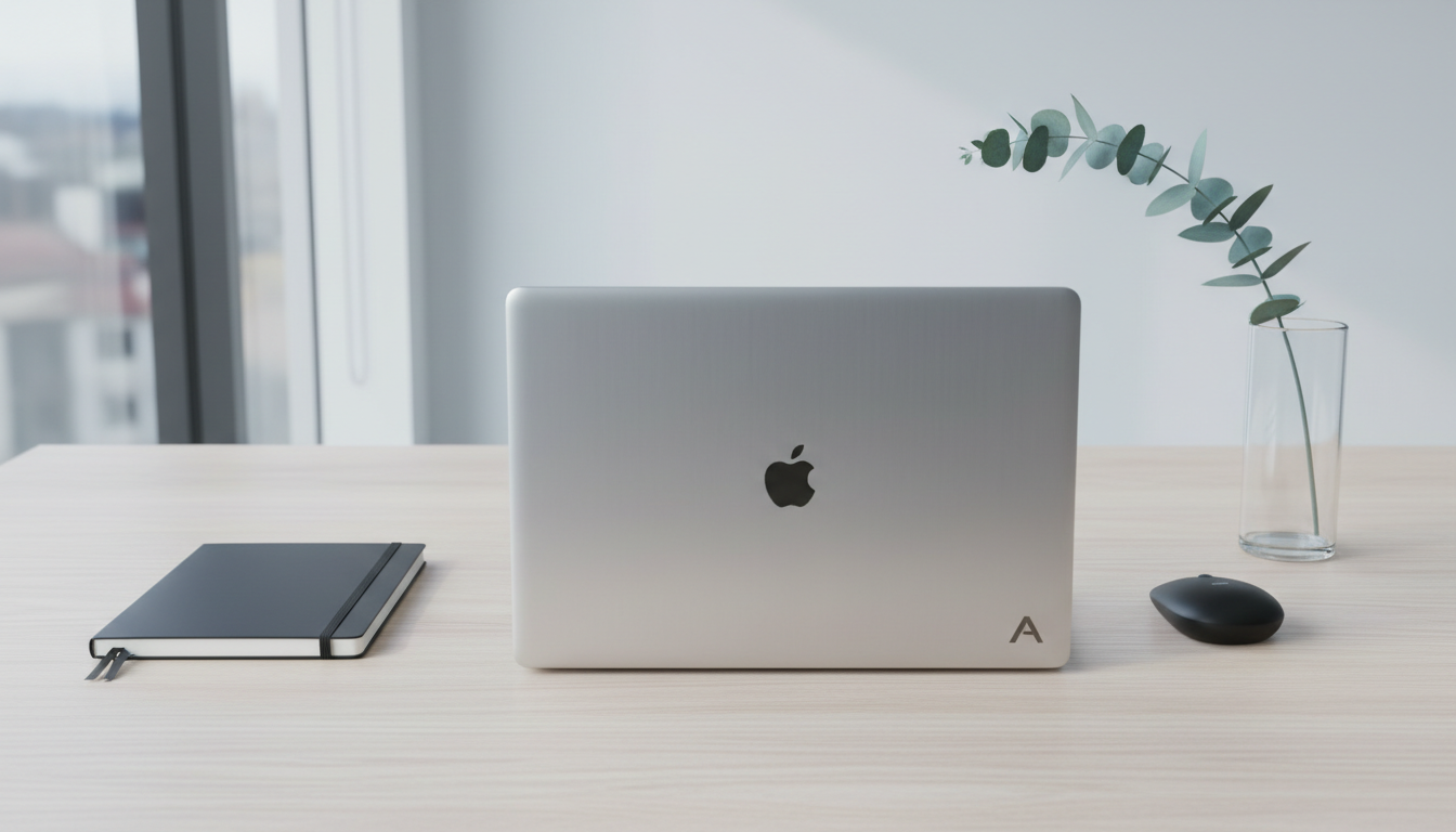 A sleek closed silver laptop with a brushed aluminum finish, subtle logo in the lower right corner, and crisp edges, positioned atop a neat light ash wood desk. Sparse objects surround it: a modern black notebook with a smooth cover, a minimalist glass vase holding a single eucalyptus branch, and a compact wireless mouse, each echoing the theme of simplicity. Natural daylight filters in from the left, creating gentle, even highlights and very soft, cool shadows on the desk, emphasizing the clean lines and open space. Photographed from a slightly elevated, straightforward perspective with a balanced, structured composition, the scene is sharply focused throughout. The style is photographic realism with a clean, modern, and professional corporate feel, echoing efficient productivity—the ideal workspace for reflecting on daily thoughts.